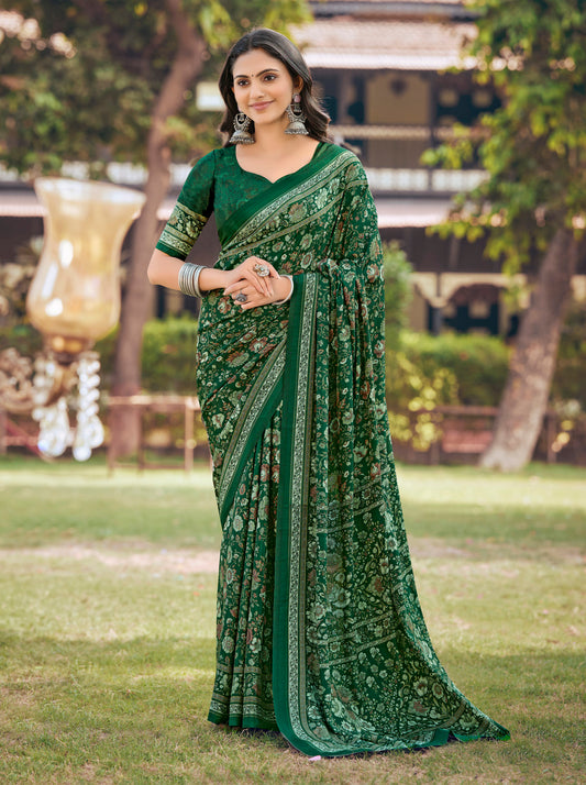 Rajkala - Green Printed Crepe Silk Saree