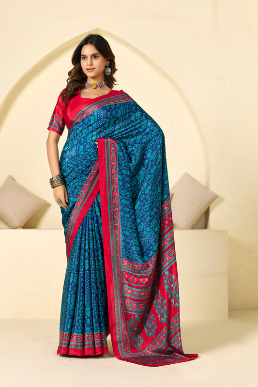 Rajkala - Blue Floral Printed Crepe Silk Saree
