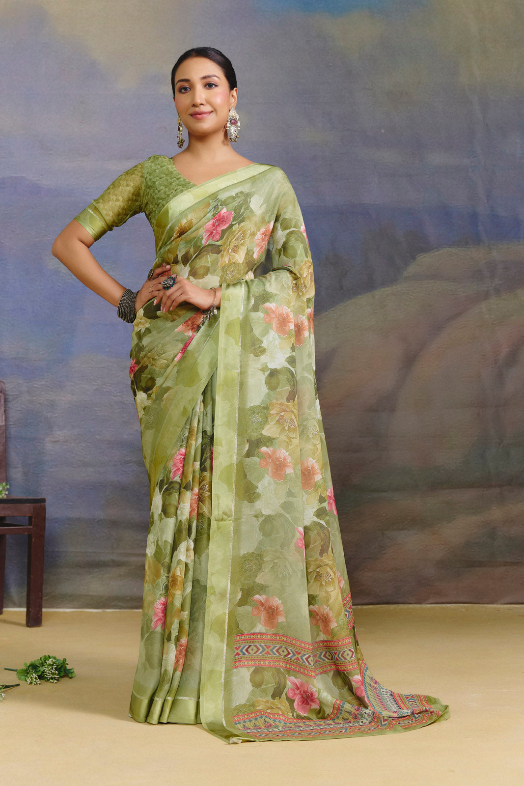 Samriddhi - Green Moss Georgette Digital Print Saree with Satin Patta Border