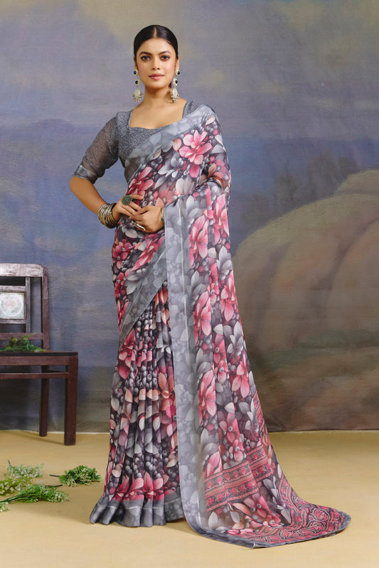 Samriddhi - Grey Moss Georgette Digital Print Saree with Satin Patta Border