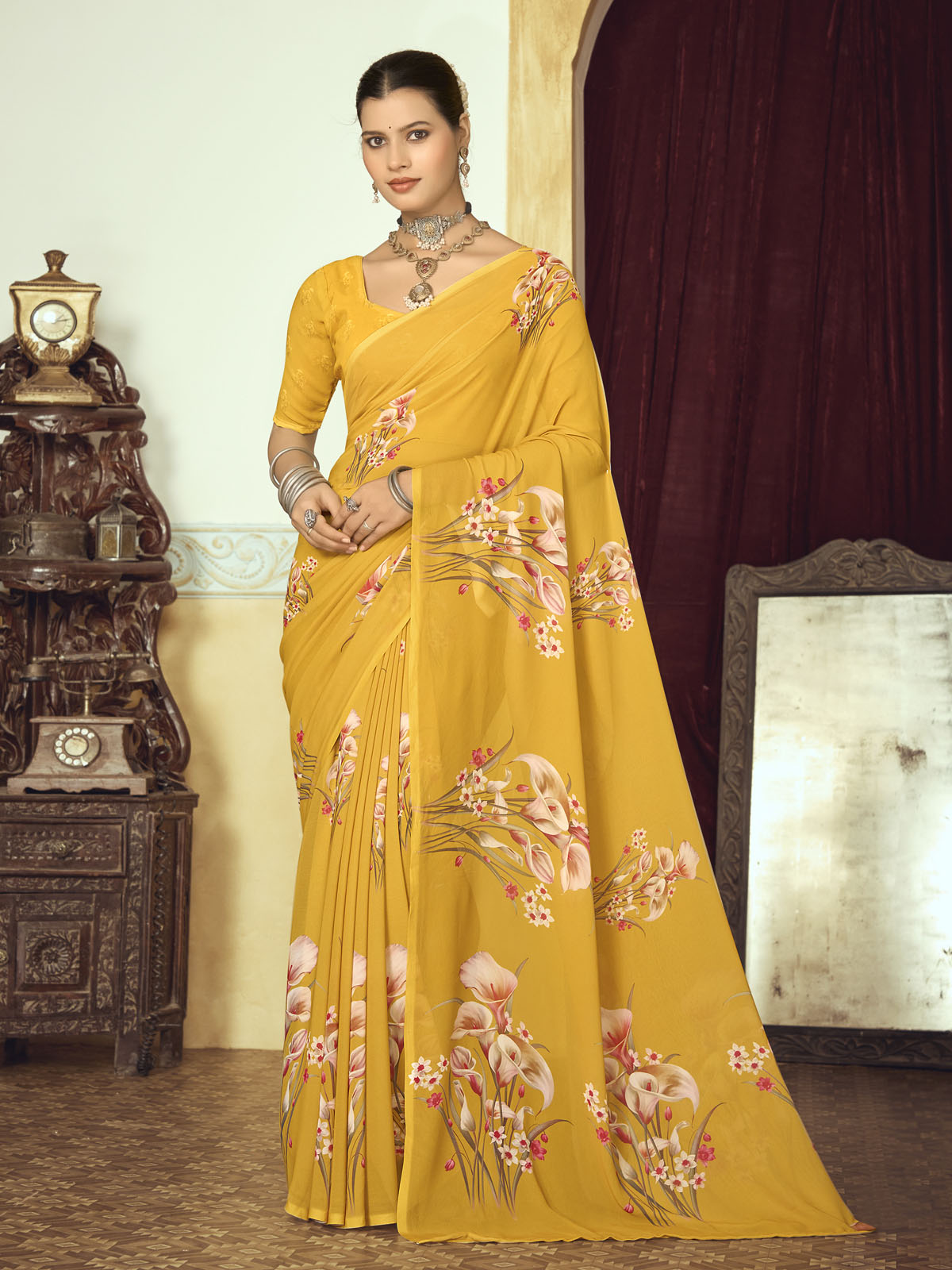 Riddhi - Yellow Georgette Floral Digital Printed Saree