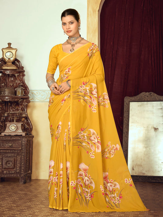 Riddhi - Yellow Georgette Floral Digital Printed Saree