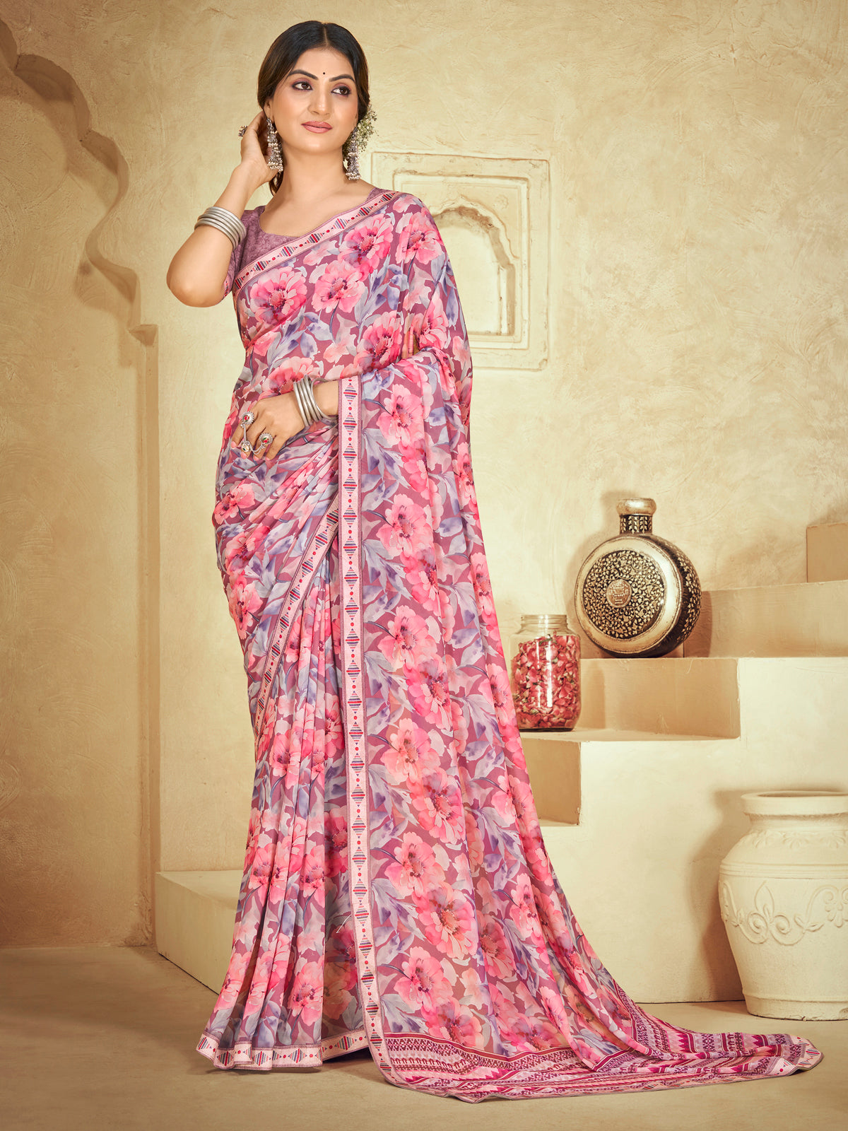 Sumedha - Rose Gold Digital Printed Georgette Saree