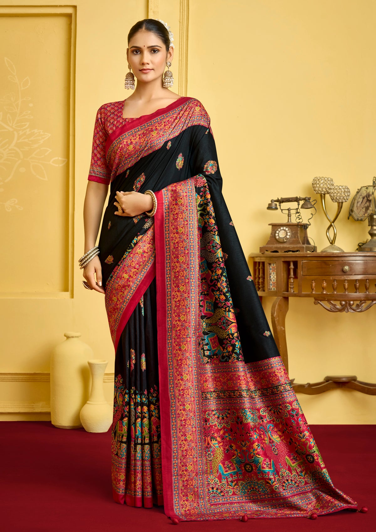 Kumuda - Black Silk Printed Saree with Delicate Foil Work