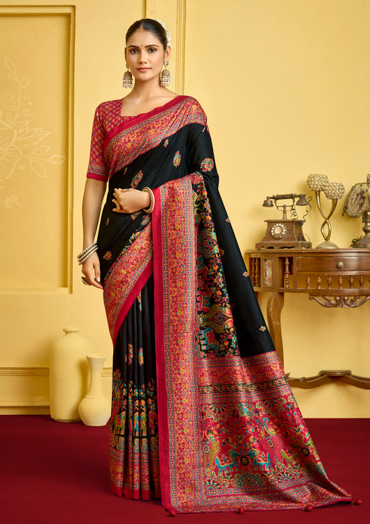 Kumuda - Black Silk Printed Saree with Delicate Foil Work