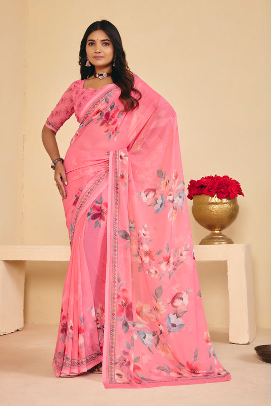 Twisha - Pink Georgette Digital Printed Saree
