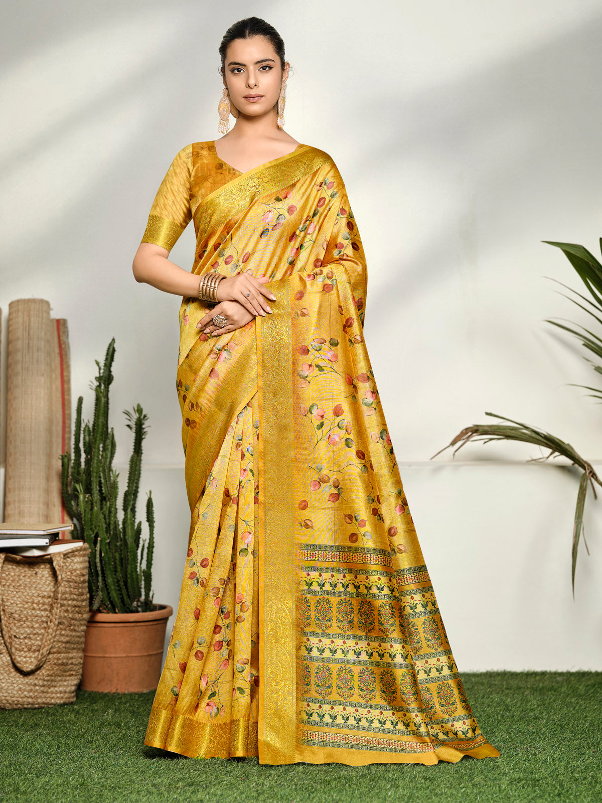 Varnika - Yellow Digital Printed Moss Georgette Saree with Woven Border