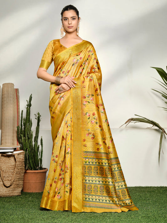 Varnika - Yellow Digital Printed Moss Georgette Saree with Woven Border