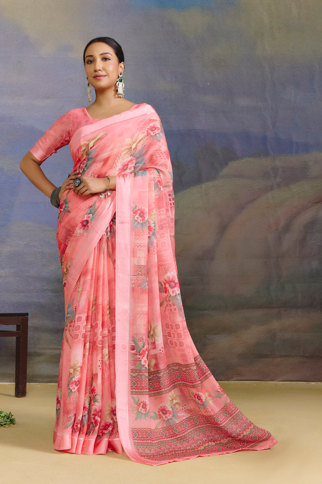 Samriddhi - Peach Moss Georgette Digital Print Saree with Satin Patta Border