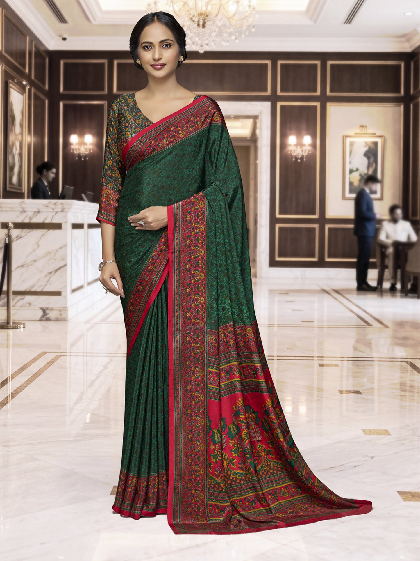 Chitrika - Forest Green Printed Crepe Silk Saree