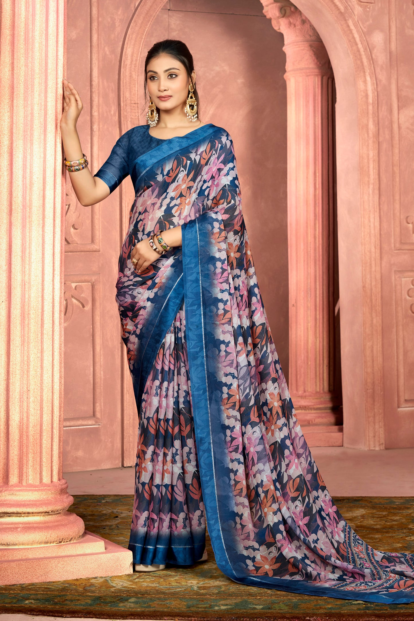 Samriddhi – Royal Blue Moss Georgette Digital Print Saree with Satin Patta Border