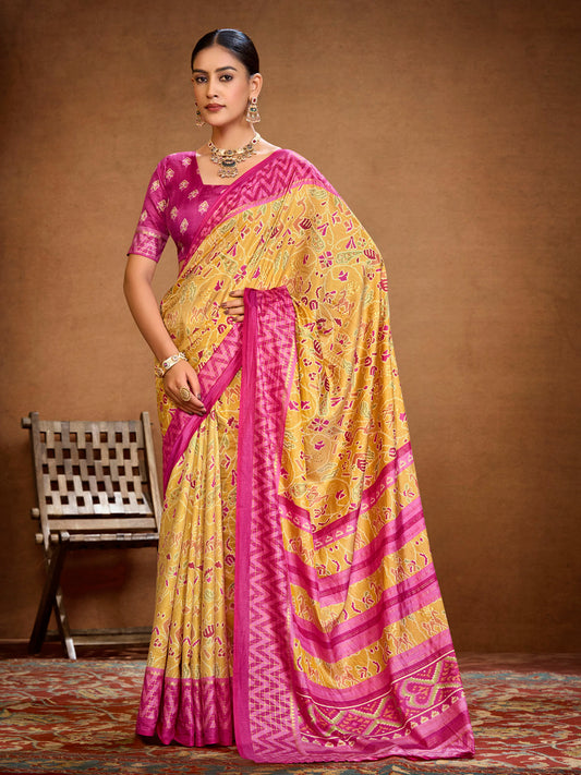 Sentosa - Yellow Patola Silk Printed Saree with Figure Print
