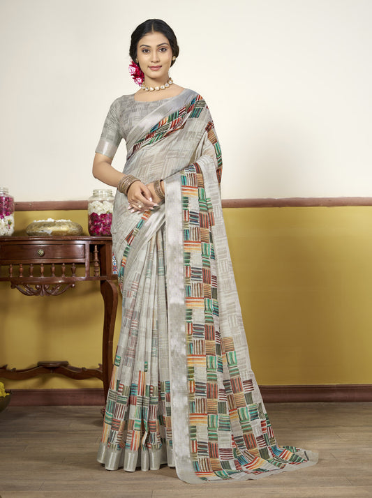 Rachna - Grey Linen Digital Print Saree with Woven Border