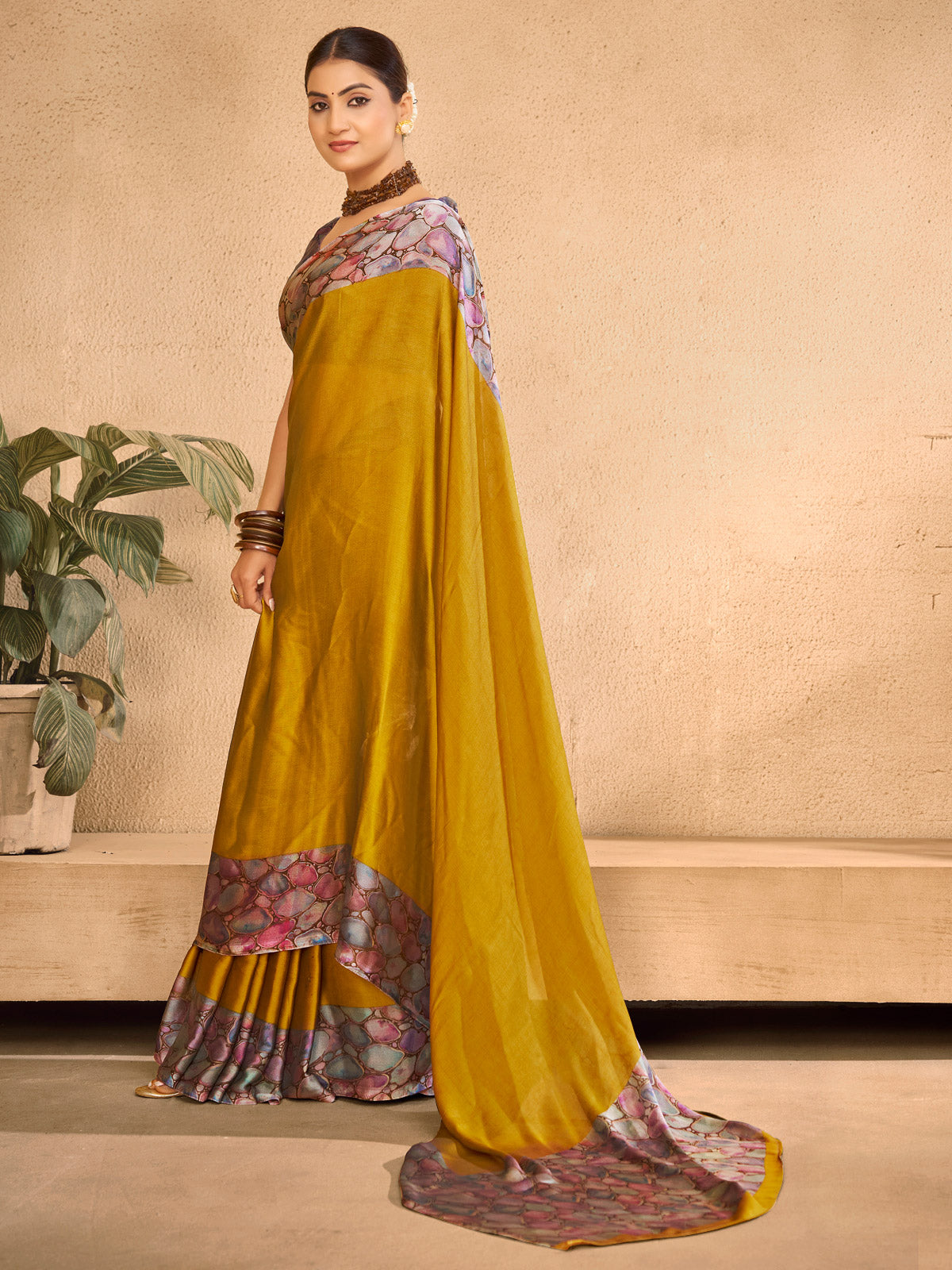 Ekvarna - Yellow Printed Chiffon Saree