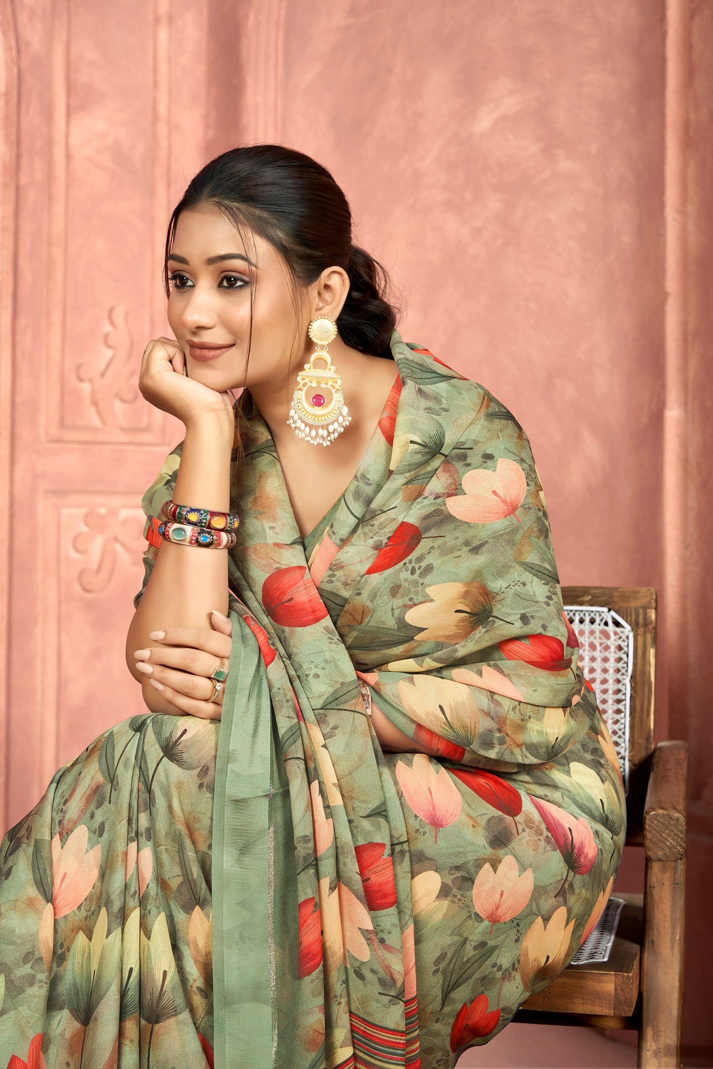 Samriddhi – Sea Green Moss Georgette Digital Print Saree with Satin Patta Border