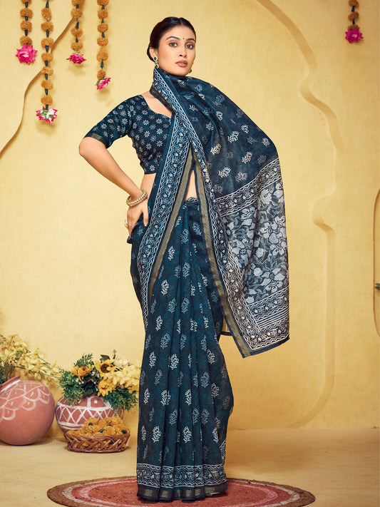 Amrapali - Navy Blue Chanderi Cotton Digital Printed Saree with Zari Border