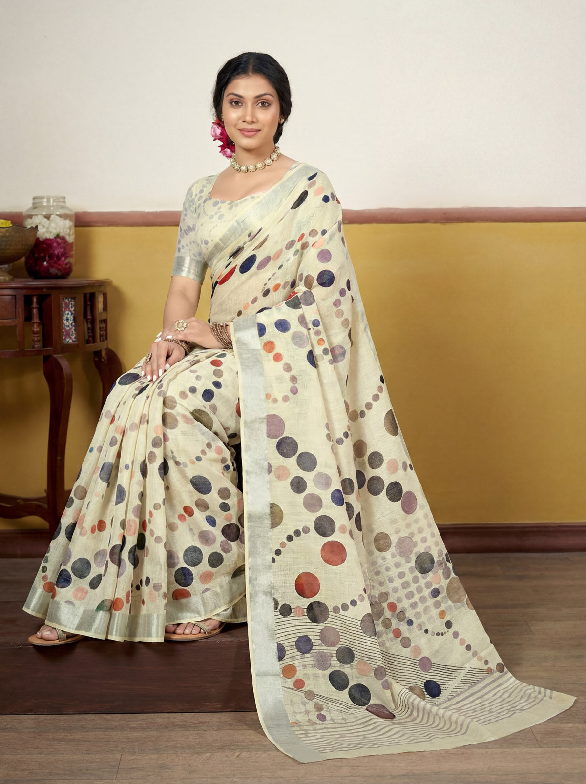 Rachna - Light Yellow Linen Digital Print Saree with Woven Border
