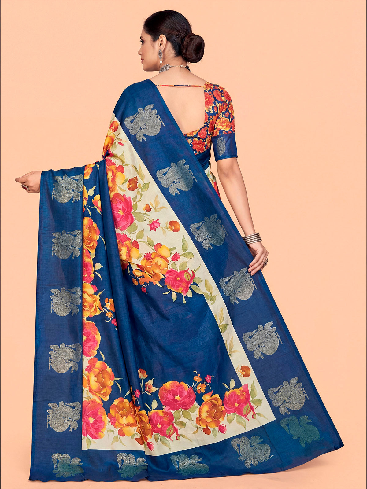 Rajkumari - Blue Printed Soft Silk Saree with Silk Foil Work
