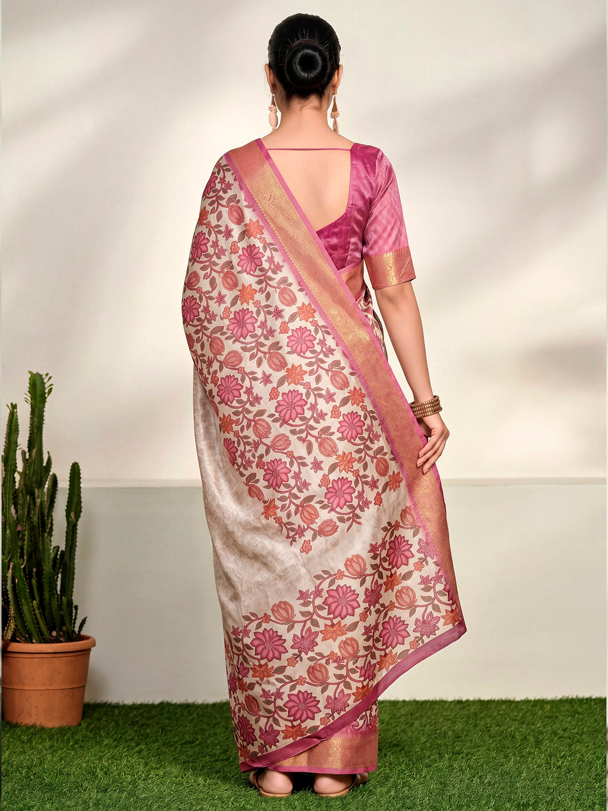 Varnika - Cream Digital Printed Moss Georgette Saree with Woven Border