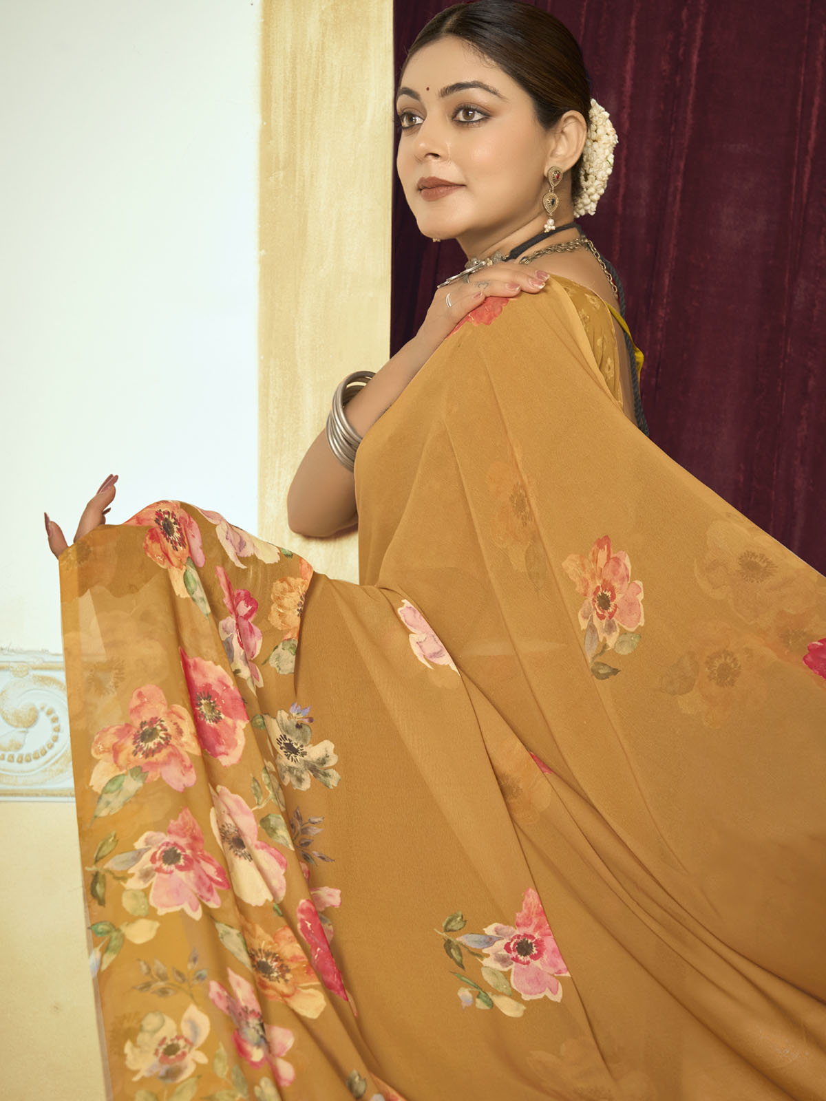 Riddhi - Orange Georgette Floral Digital Printed Saree