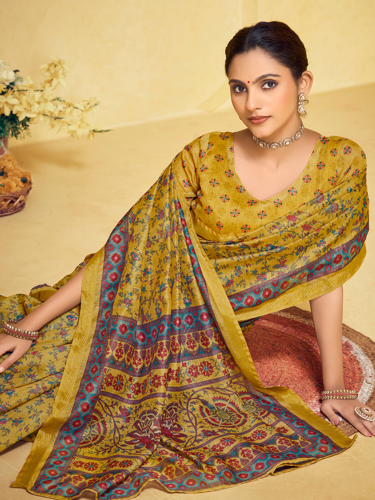 Amrapali - Yellow Chanderi Cotton Digital Printed Saree with Zari Border