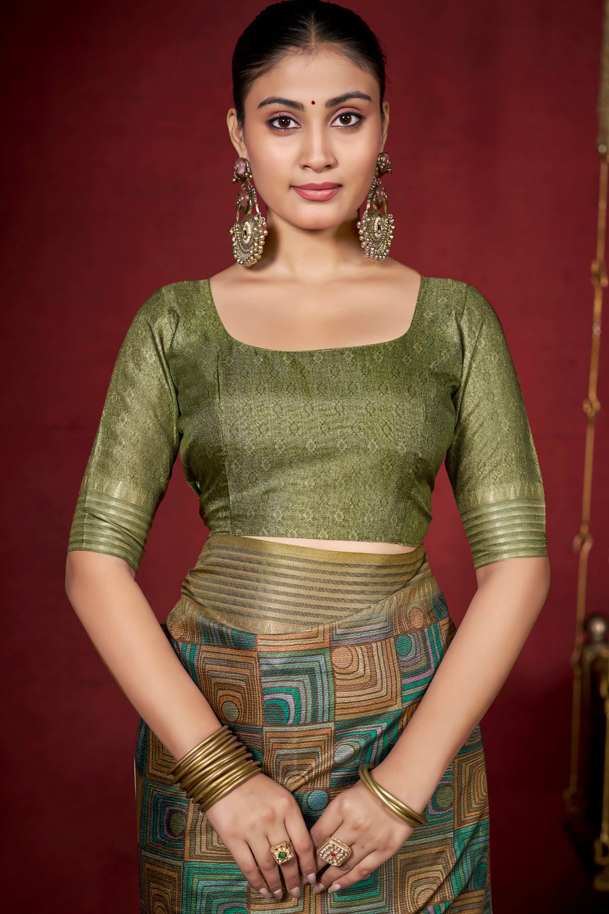 Veera - Green Soft Silk Digital Printed Saree with Woven Border