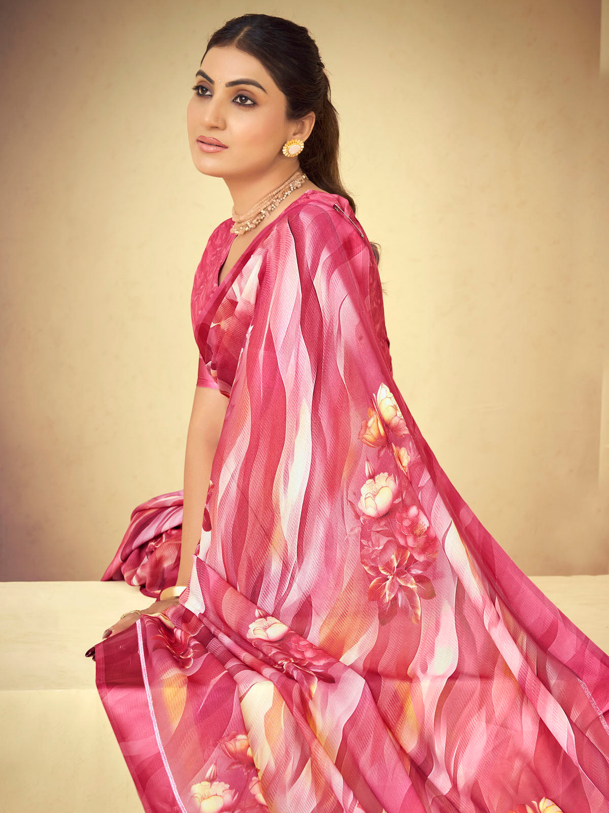 Samriddhi - Pink Moss Georgette Digital Print Saree with Satin Patta Border