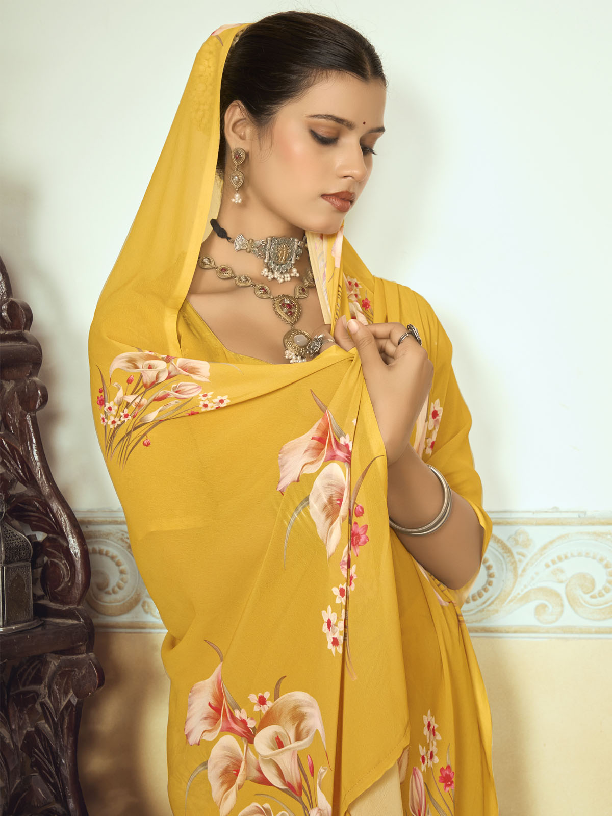 Riddhi - Yellow Georgette Floral Digital Printed Saree