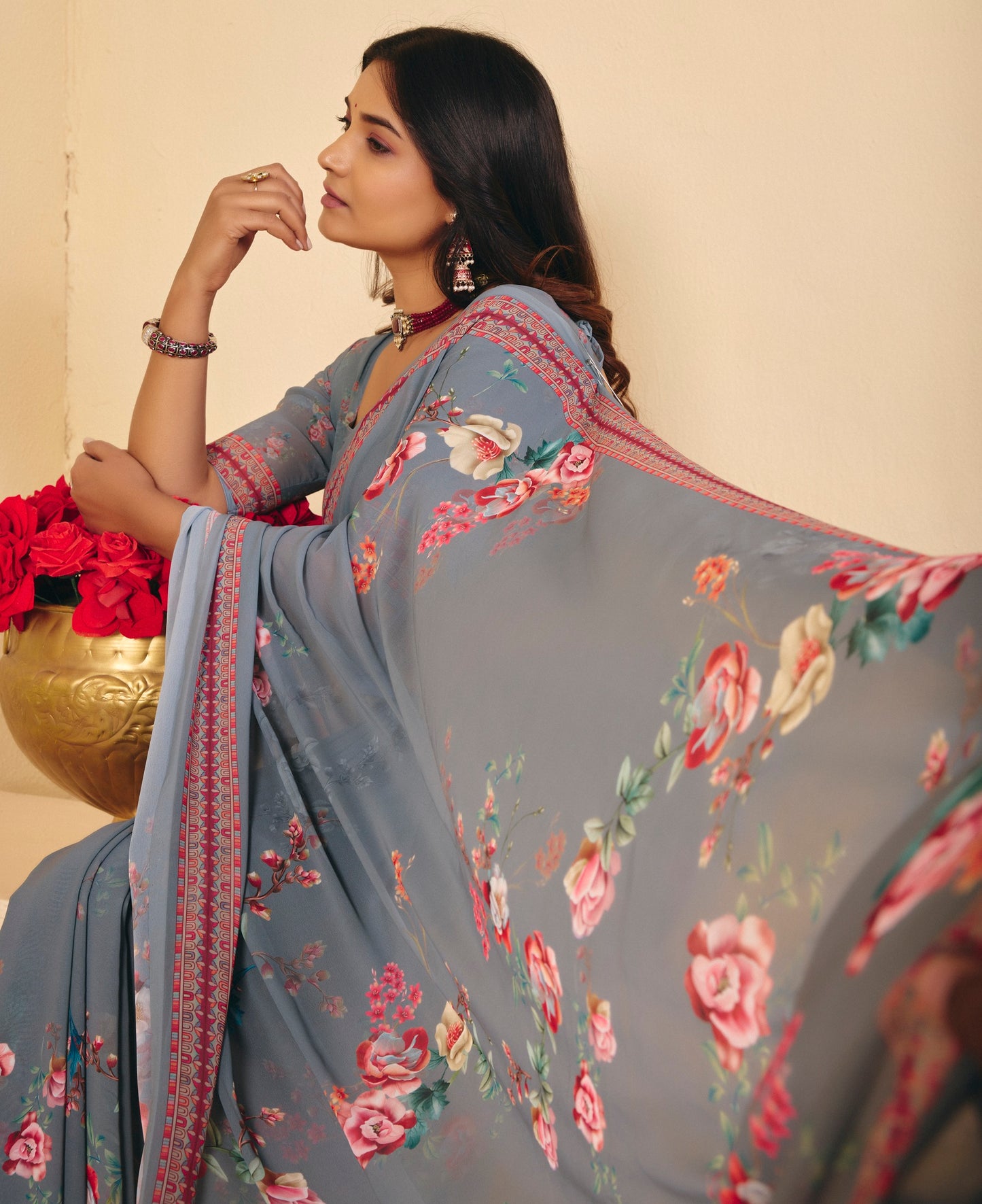 Twisha - Grey Georgette Digital Printed Saree