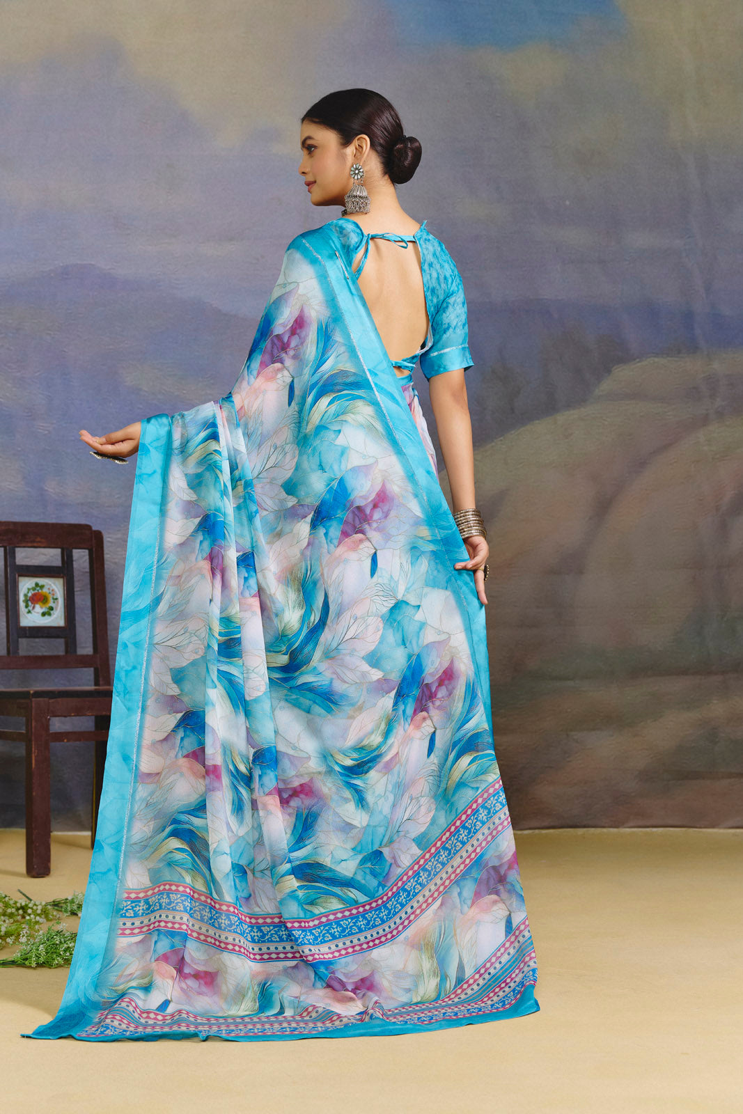 Samriddhi - Sky Blue Moss Georgette Digital Print Saree with Satin Patta Border