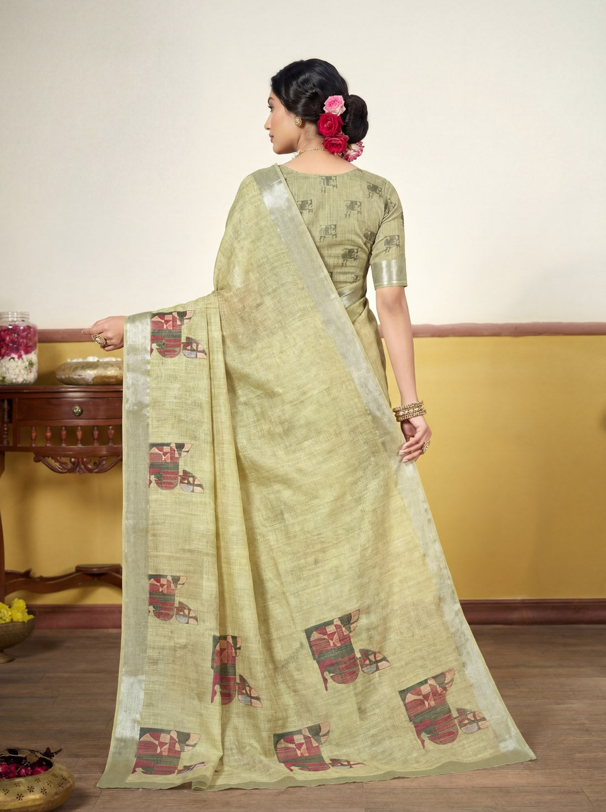 Rachna - Lime Green Linen Digital Print Saree with Woven Border