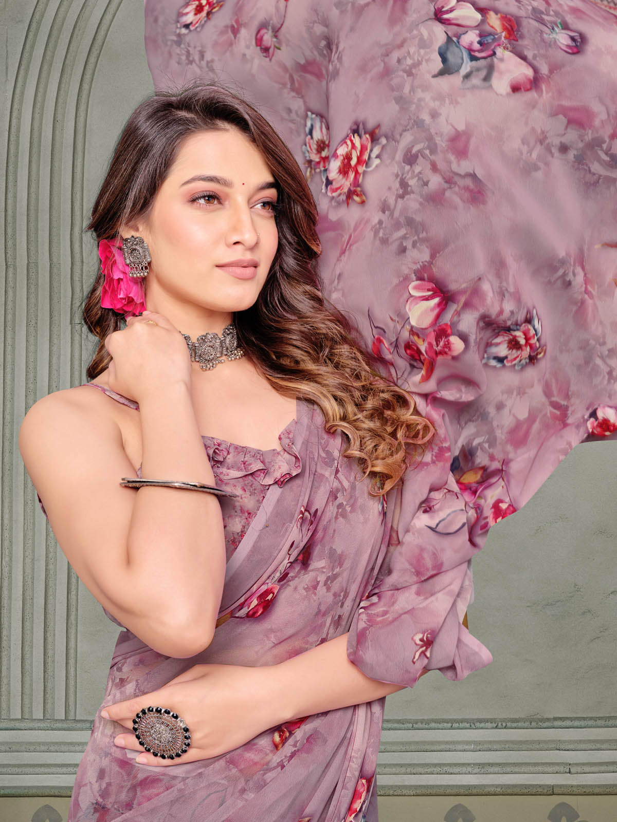 Riddhi - Mauve Georgette Floral Digital Printed Saree