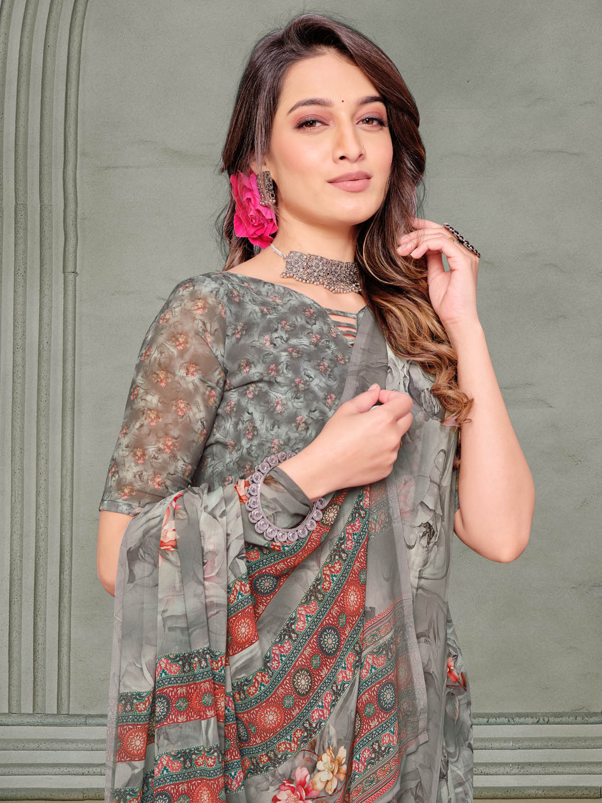 Riddhi - Grey Georgette Floral Digital Printed Saree