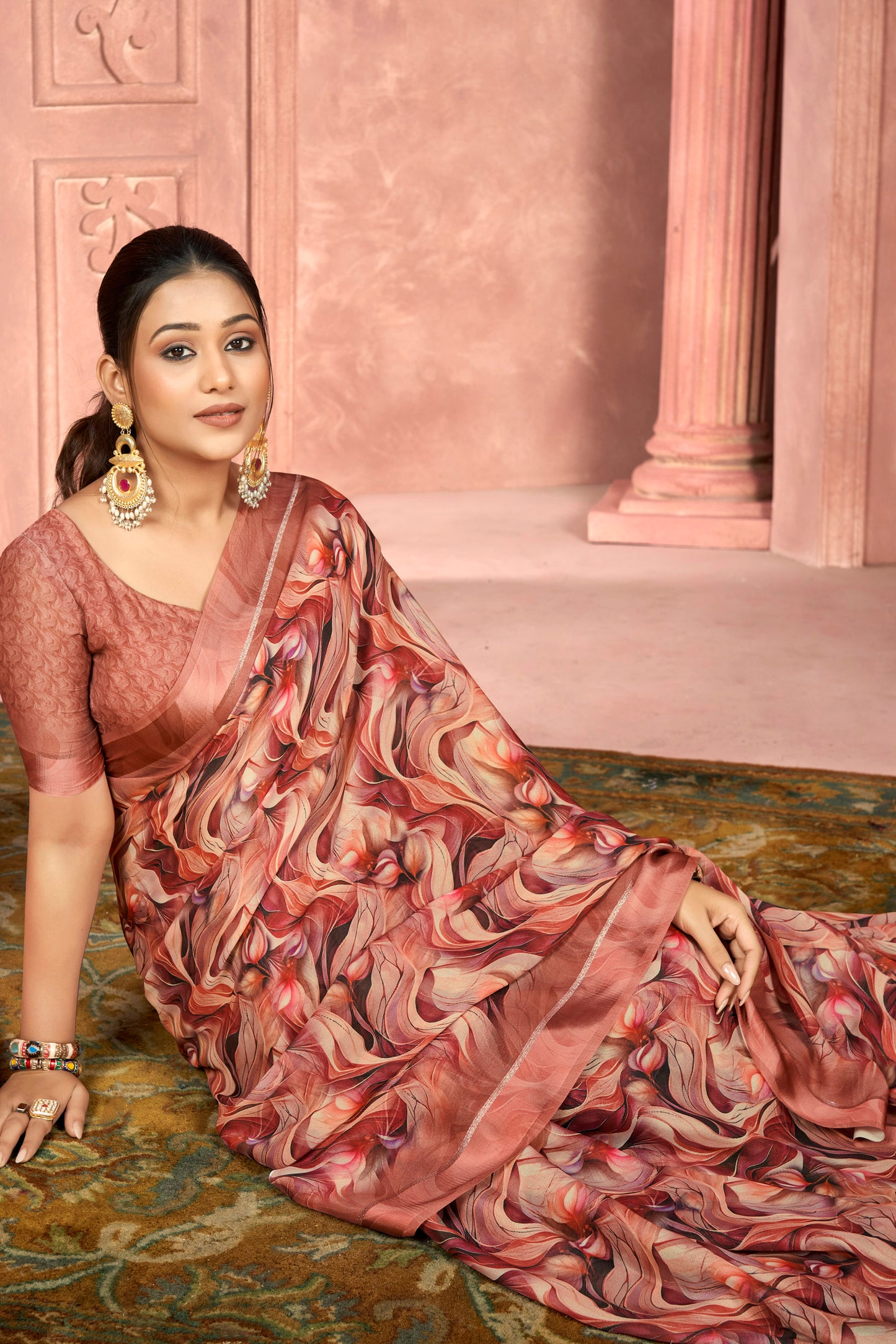 Samriddhi – Peach Moss Georgette Digital Print Saree with Satin Patta Border