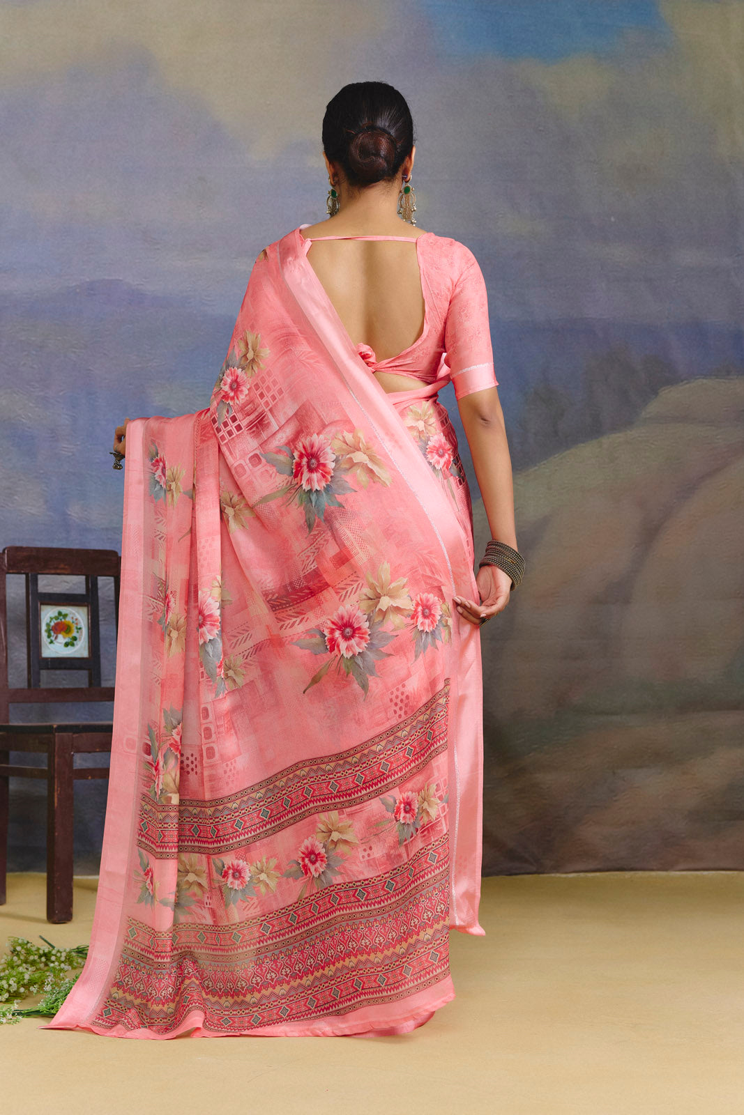 Samriddhi - Peach Moss Georgette Digital Print Saree with Satin Patta Border