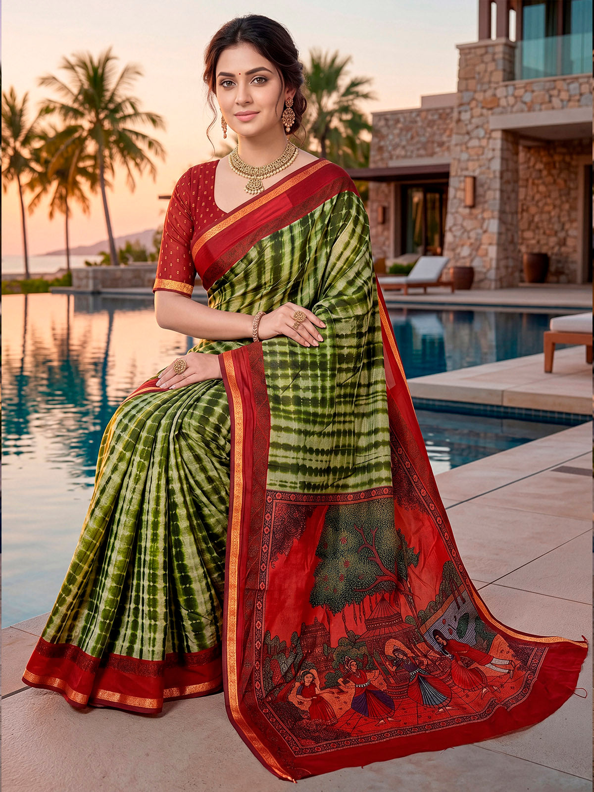 Monalisa - Green Printed Liva Cotton Silk Saree