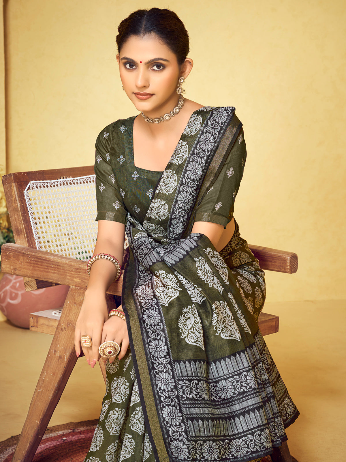Amrapali - Olive Garden Chanderi Cotton Digital Printed Saree with Zari Border