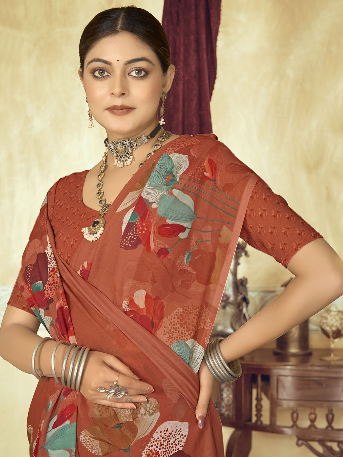 Riddhi - Bronze Georgette Floral Digital Printed Saree