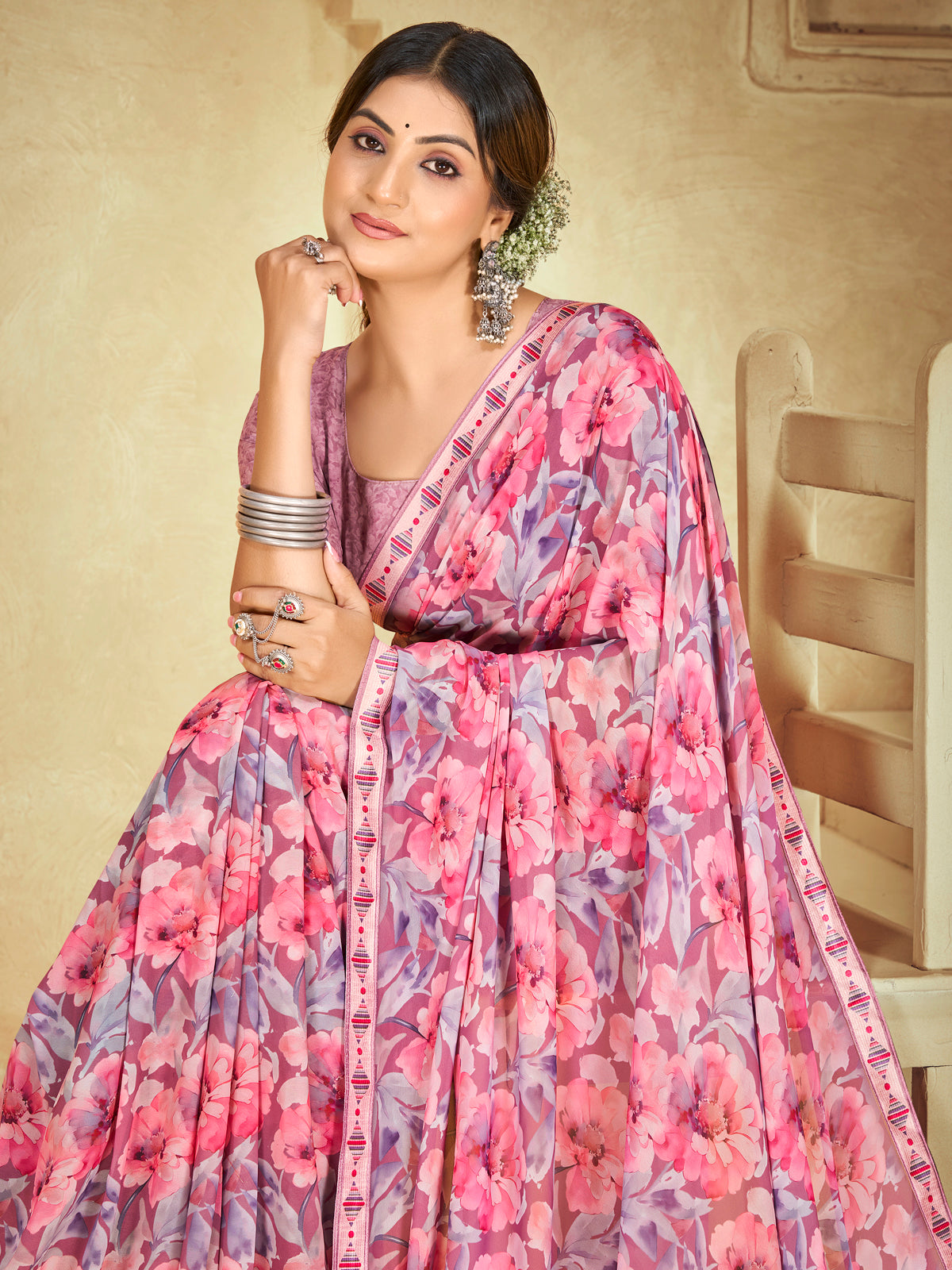 Sumedha - Rose Gold Digital Printed Georgette Saree