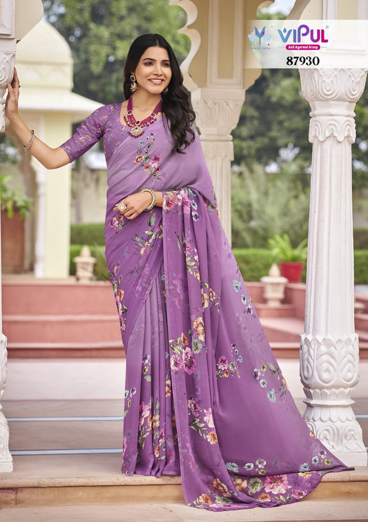 Twisha - Purple Georgette Floral Digital Printed Saree