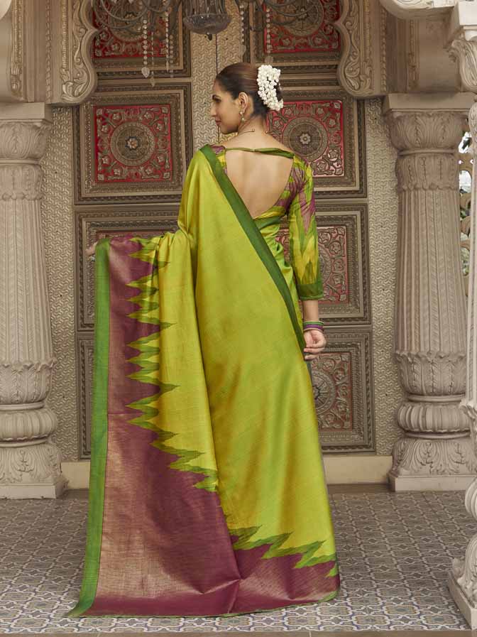 Gulmarg - Parrot Green Silk Digital Printed Saree with Zari Border