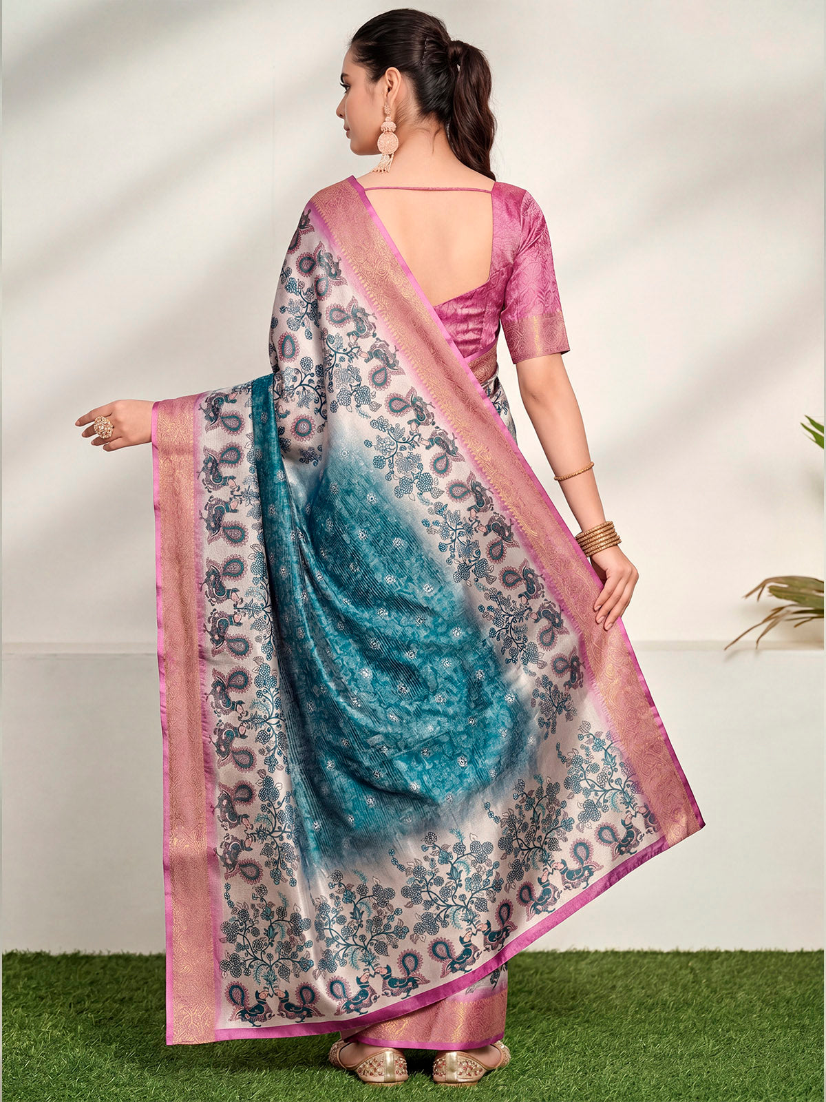 Varnika - Steel Blue Digital Printed Moss Georgette Saree with Woven Border