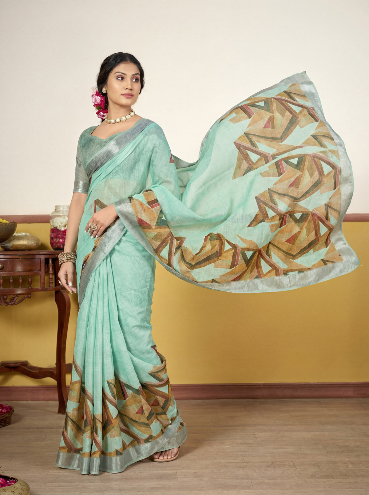 Rachna - Teal Linen Digital Print Saree with Woven Border