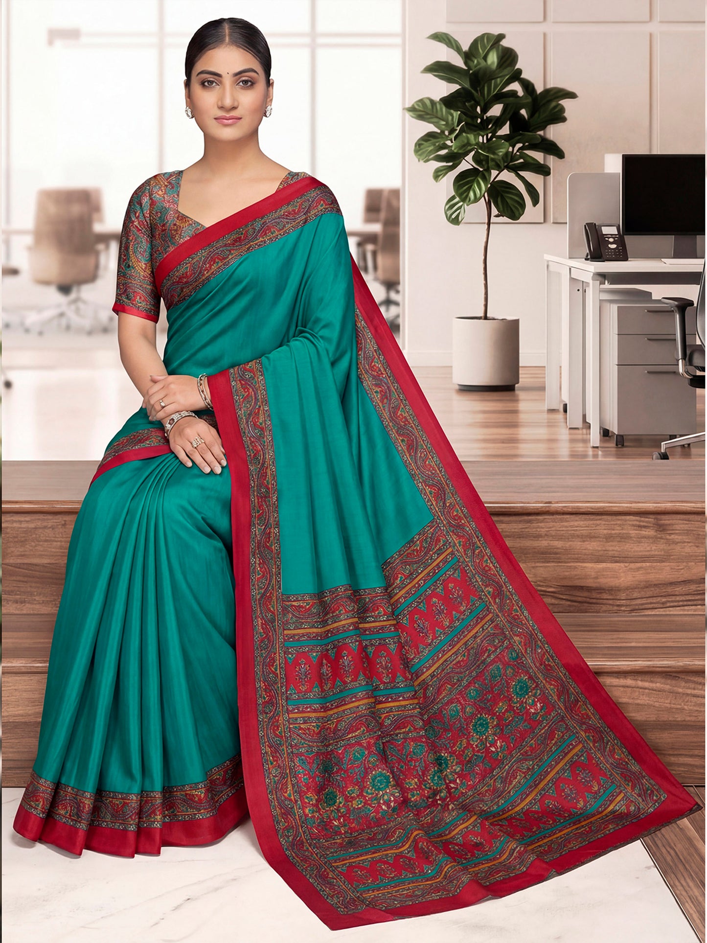Chitrika - Turquoise Printed Crepe Silk Saree