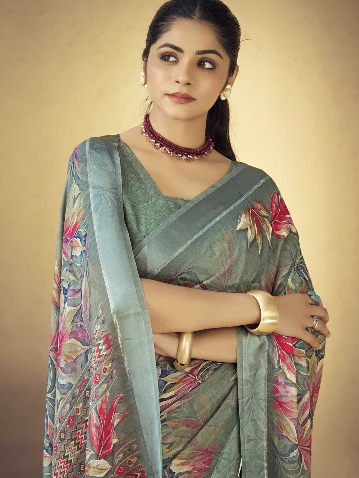 Samriddhi - Sage Green Moss Georgette Digital Print Saree with Satin Patta Border