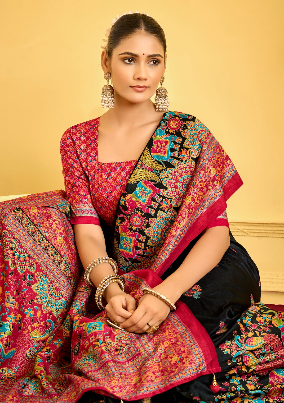 Kumuda - Black Silk Printed Saree with Delicate Foil Work