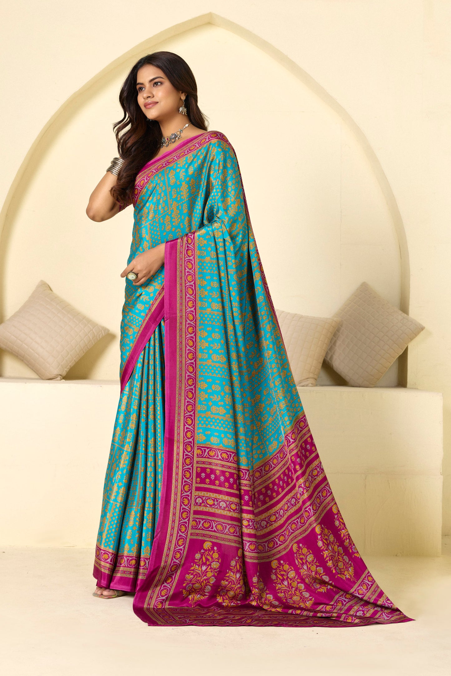 Rajkala - Teal Floral Printed Crepe Silk Saree