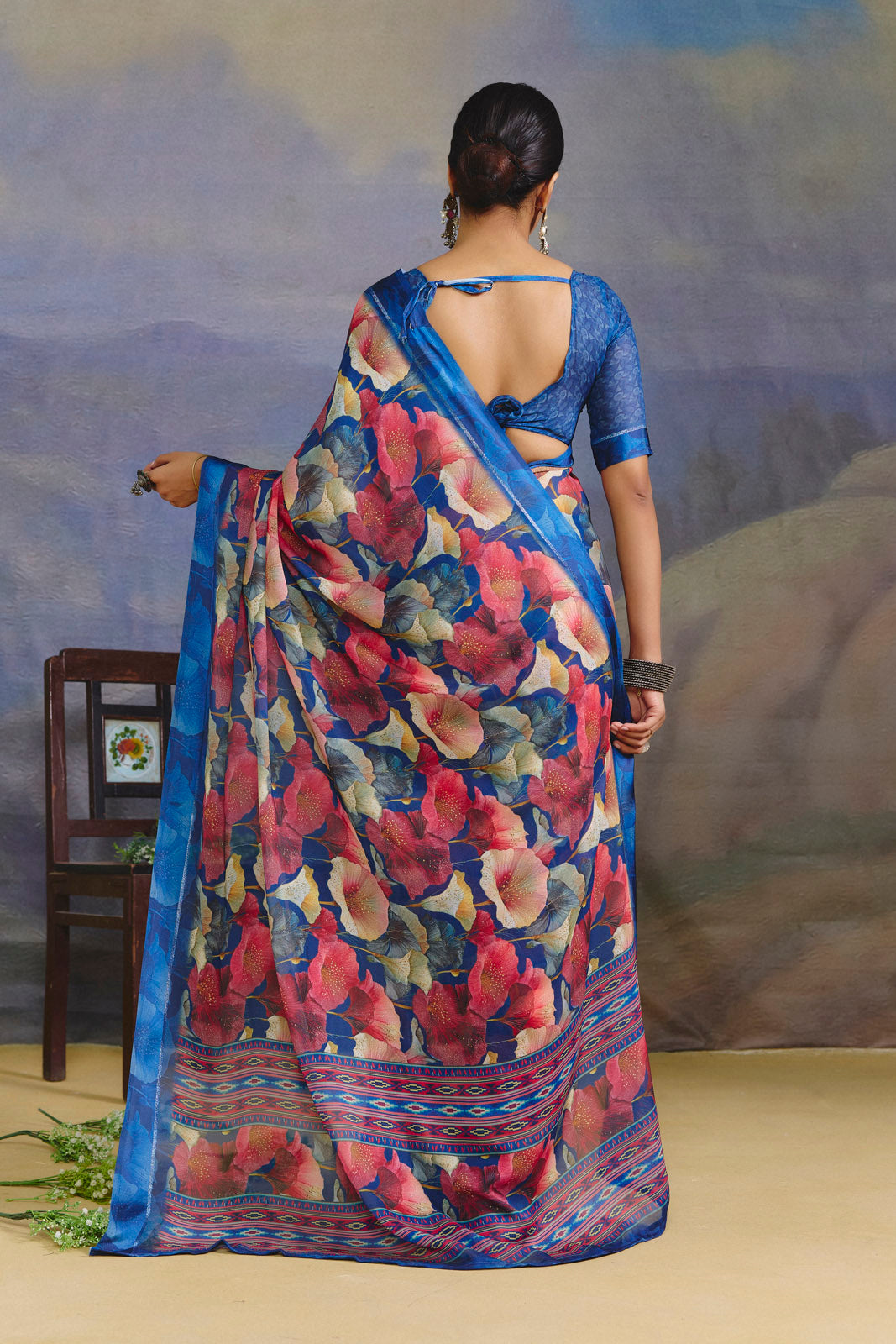Samriddhi - Blue Moss Georgette Digital Print Saree with Satin Patta Border