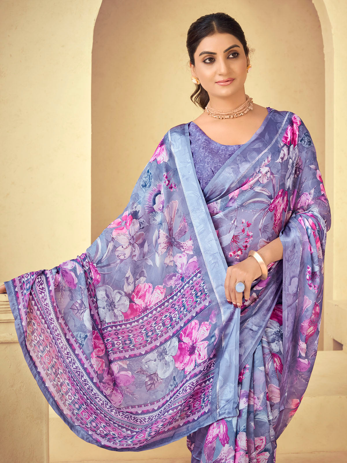 Samriddhi - Mauve Moss Georgette Digital Print Saree with Satin Patta Border