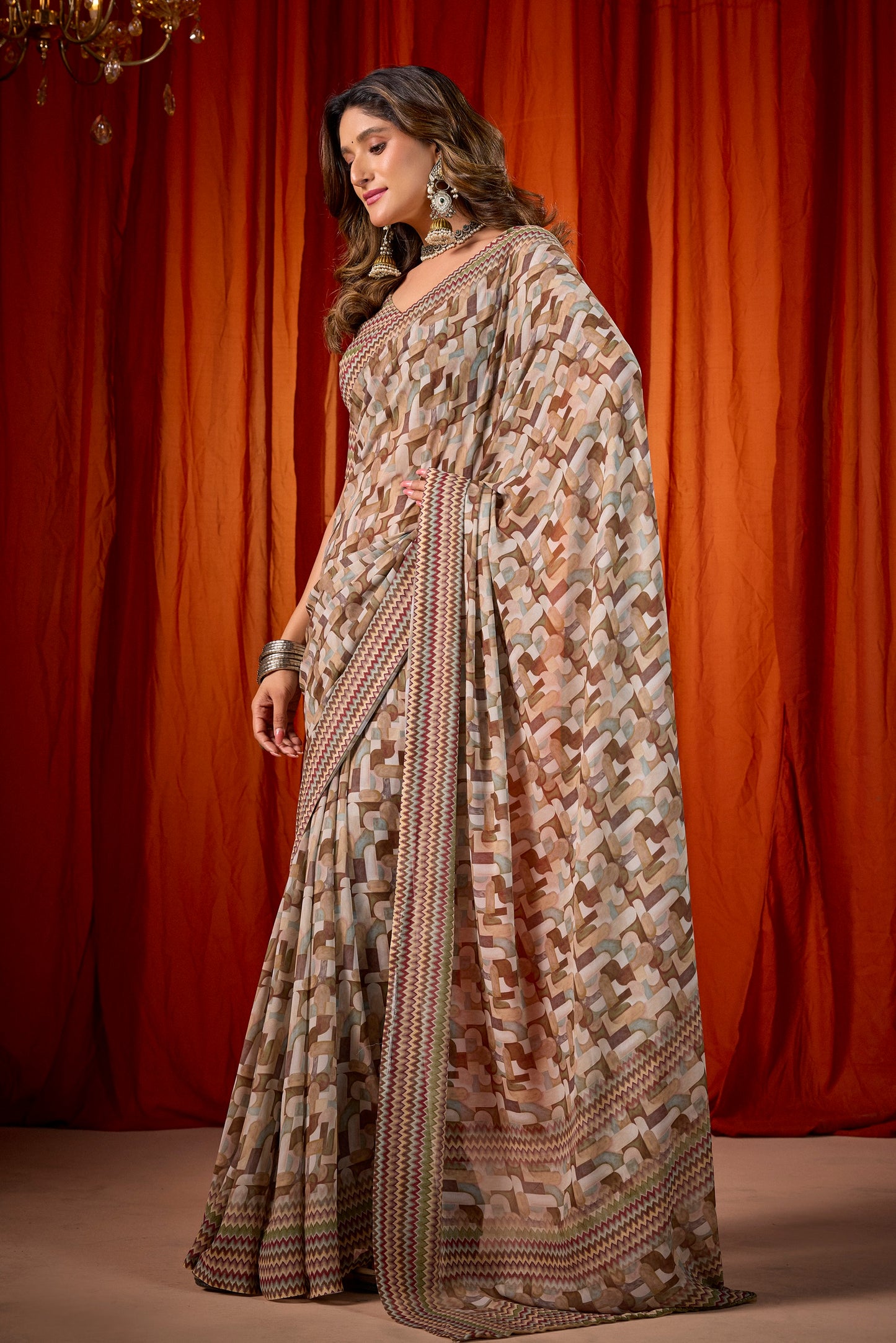 Shraddha - Mehendi Green Georgette Digital Printed Saree